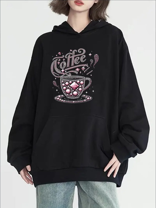 Coffee Print Kangaroo Pocket Hoodie, Casual Long Sleeve Hoodies Sweatshirt, Women's Clothing