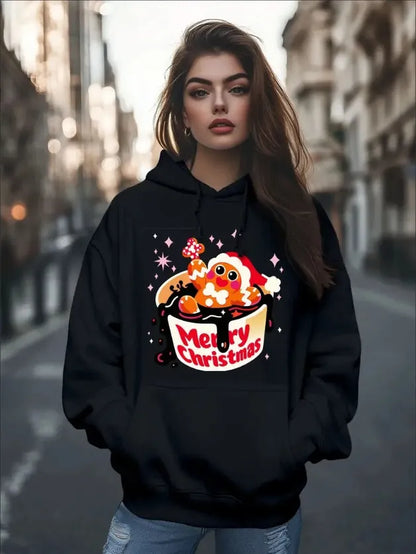 Women'S Fashion Christmas Cute Cartoon Gingerbread Man Stars Coffee Mug Print Hoodies Long Sleeve Hood Sweatshirt Loose Fit Tops Fall Streetwear - Mug World