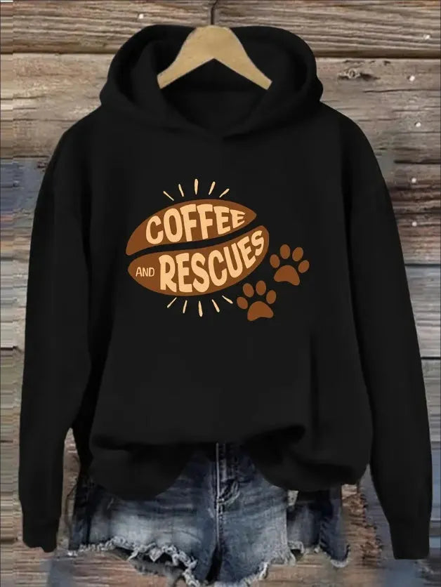 Women's Casual Hoodie With Coffee & Paw Print Hooded Sweatshirt With Alphabet & Animal Motif For Fall Winter - Versatile Graphic Print Hooded Top For Spring Fall - Mug World