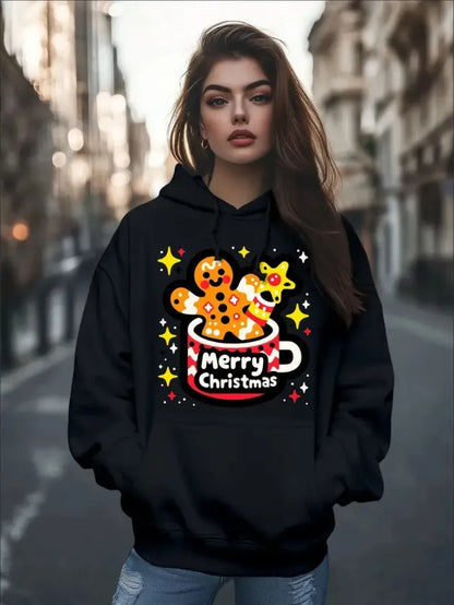 Women's Fashion Christmas Cute Cartoon Gingerbread Man Stars Coffee Mug Print Hoodies Long Sleeve Hood Sweatshirt Loose Fit Tops Fall Streetwear - Mug World