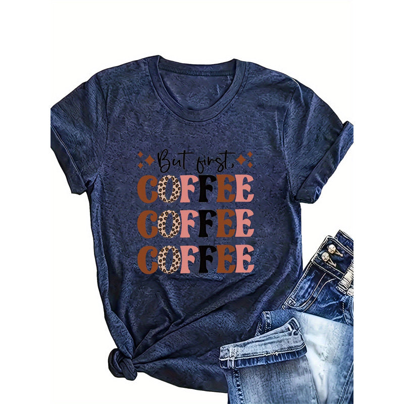Women's 'COFFEE' Print Round Neck Tee - Summer Casual T-Shirt